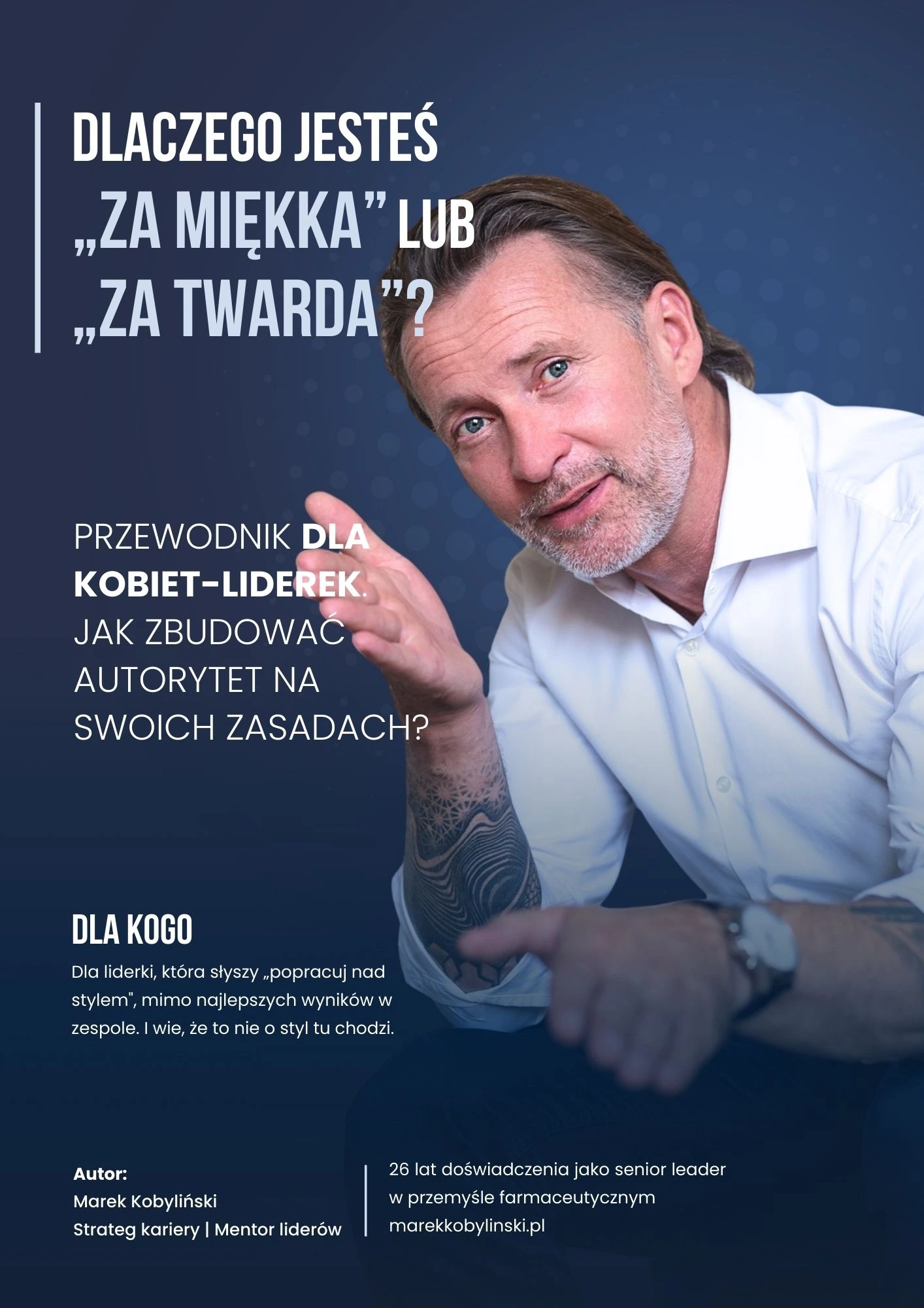 Okładka ebooka Marka Kobylińskiego „Dlaczego jesteś za miękka lub za twarda?” przedstawiająca autora oraz tytuł dotyczący przywództwa kobiet i budowania autorytetu liderki.